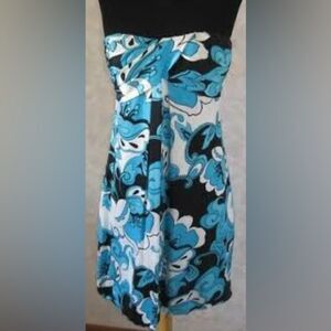 CACHE 4 Strapless Fully Lined 100% Silk Dress Blue/Blk/Wht Floral Cocktail Party